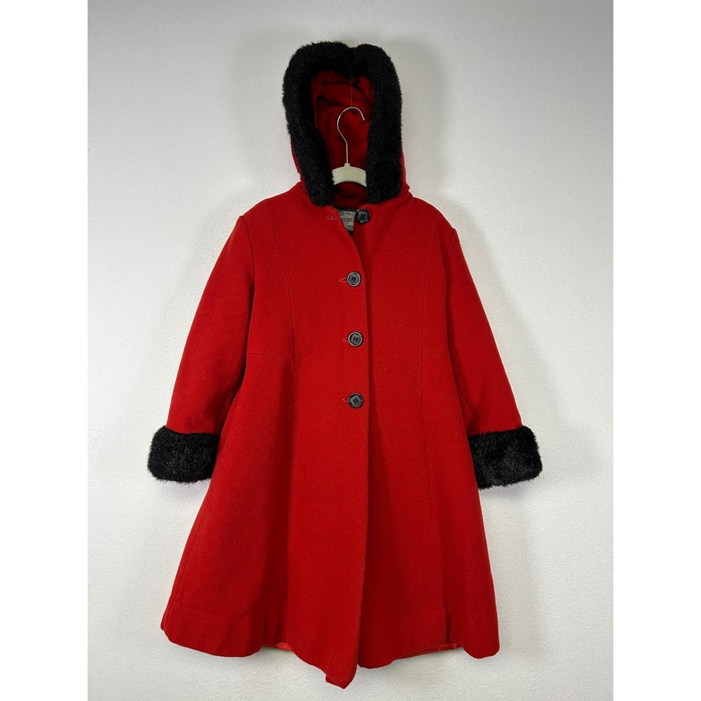Vintage Holiday Rothschild Kids Size 6 Red Wool Hooded Faux Fur Trim Coat C56329